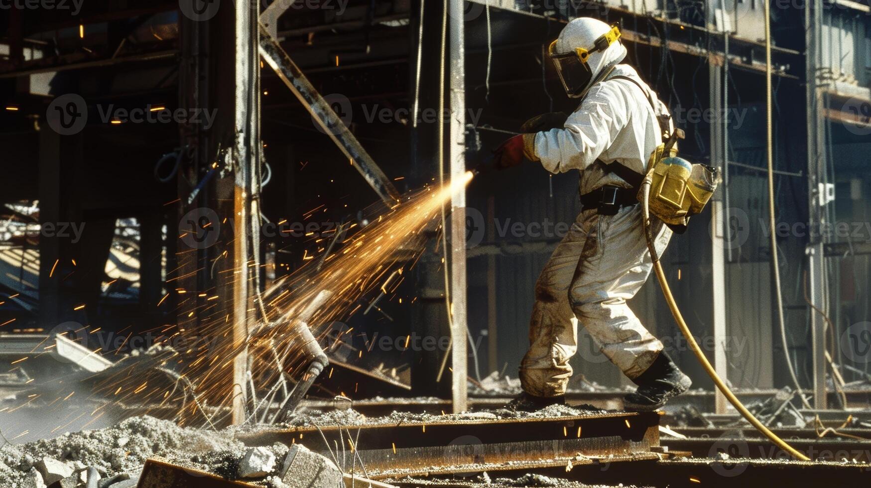 A worker in a protective suit using a ting torch to slice through metal beams of a demolished building photo