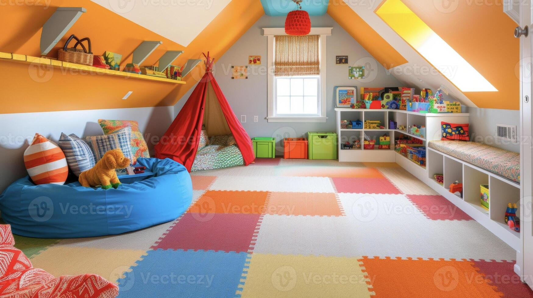 This attic playroom is a kids dream come true with colorful wall decals toy storage and a designated reading nook tucked away in the corner photo