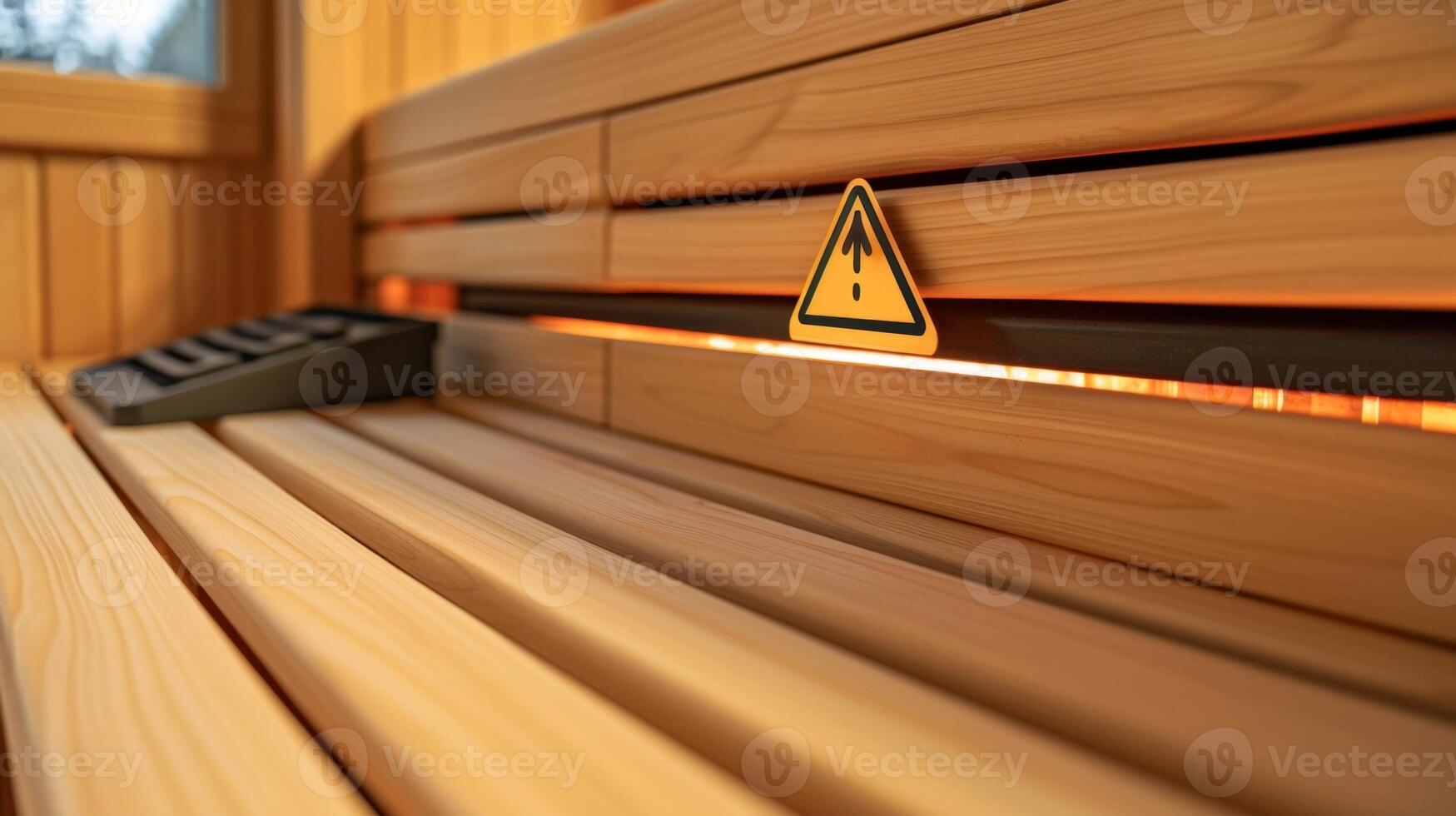 A warning label on the sauna heater advising users to keep a safe distance and not touch the hot surfaces. photo