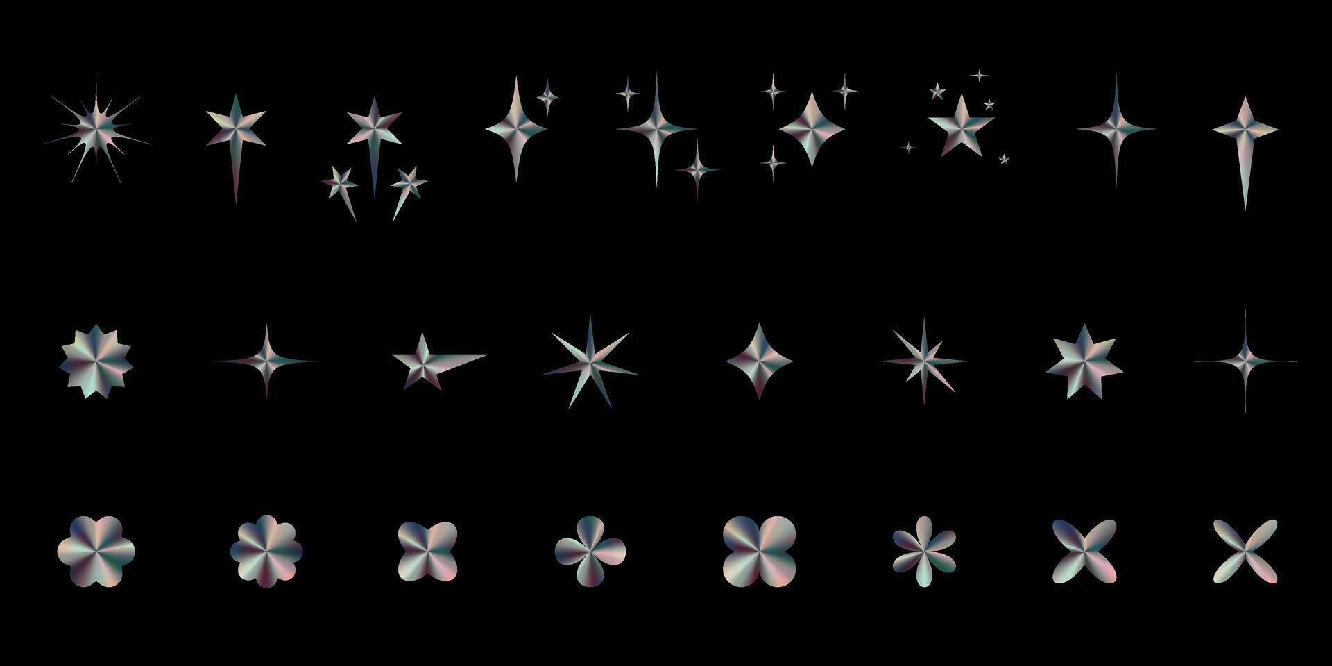 Brutalist Chrome y2k abstract geometric shapes. Various isolated figures on a black background vector
