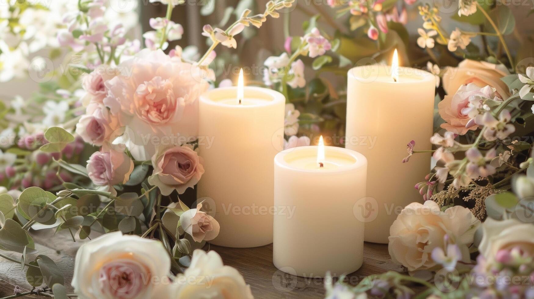 Each candle is carefully p ast the flowers creating a harmonious blend of natural and artificial light that captivates the eyes. 2d flat cartoon photo