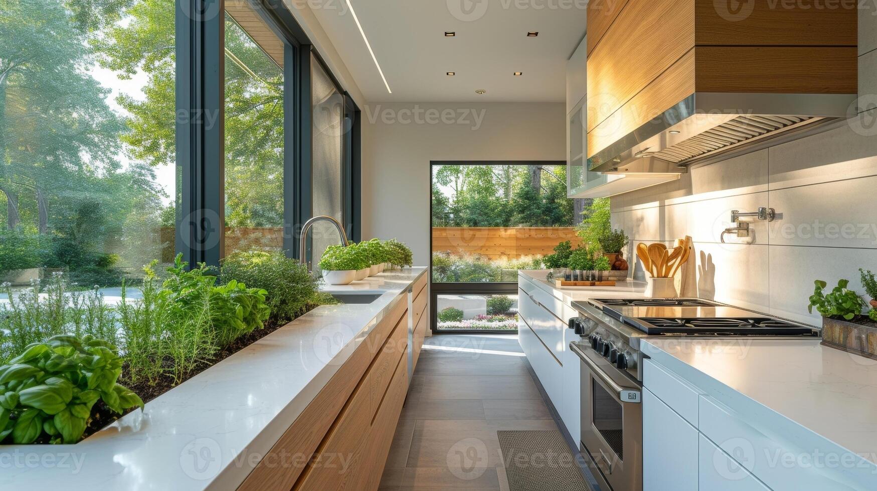 A modern kitchen with sleek energysaving appliances and a countertop herb garden where retired homeowners enjoy cooking fresh meals using ingredients from their own garden photo