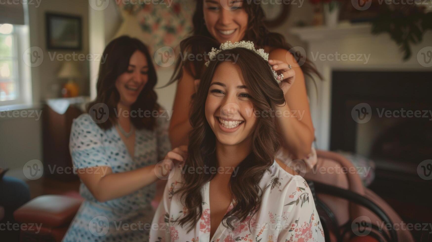 un sonriente futura novia consiguiendo su pelo estilizado y perfeccionado para el grande día rodeado por su apoyo y emocionado amigos. foto
