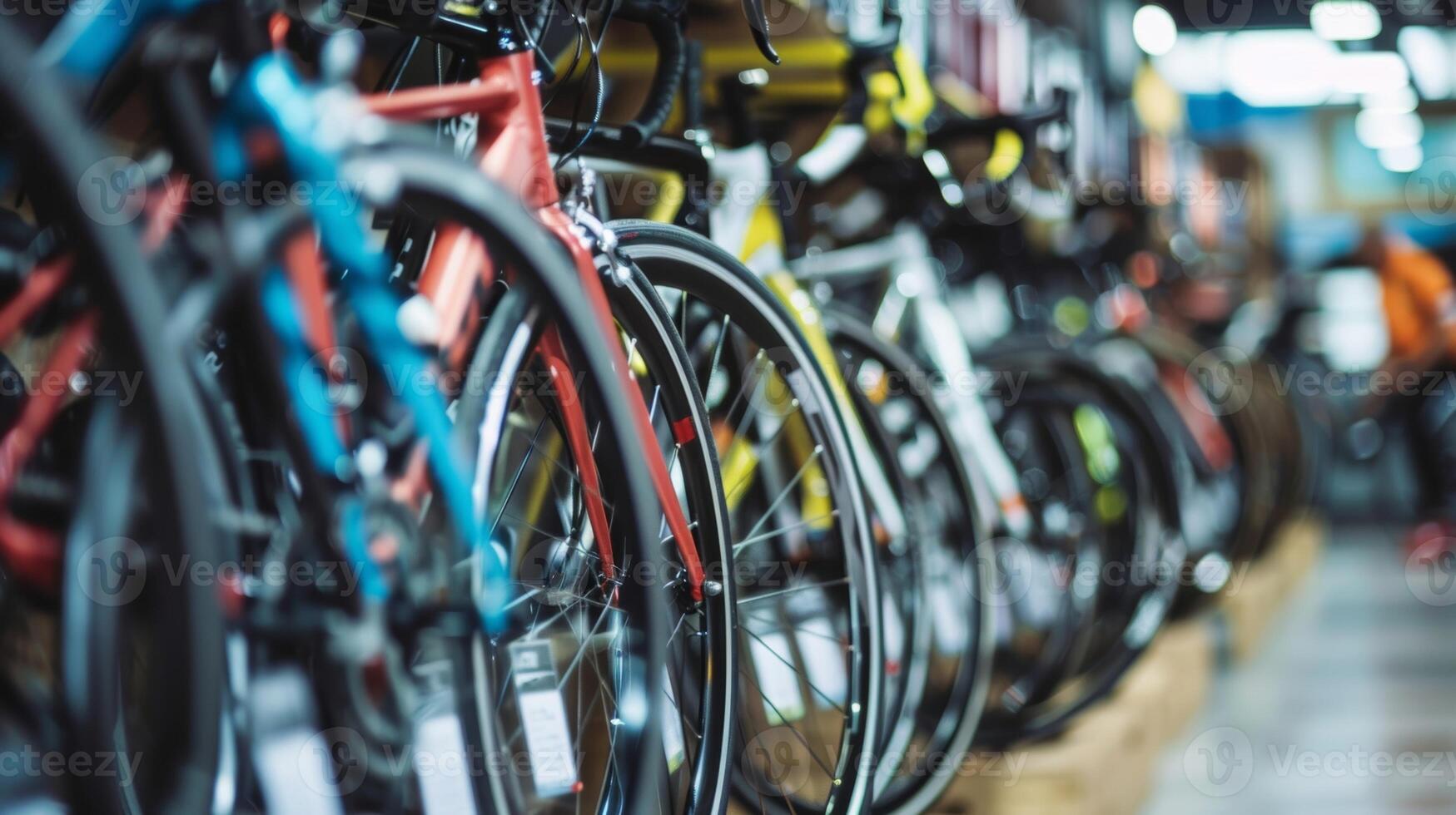 A sleek and modern cycling shop with rows of expensive bicycles displayed on the wall and cyclists milling about photo