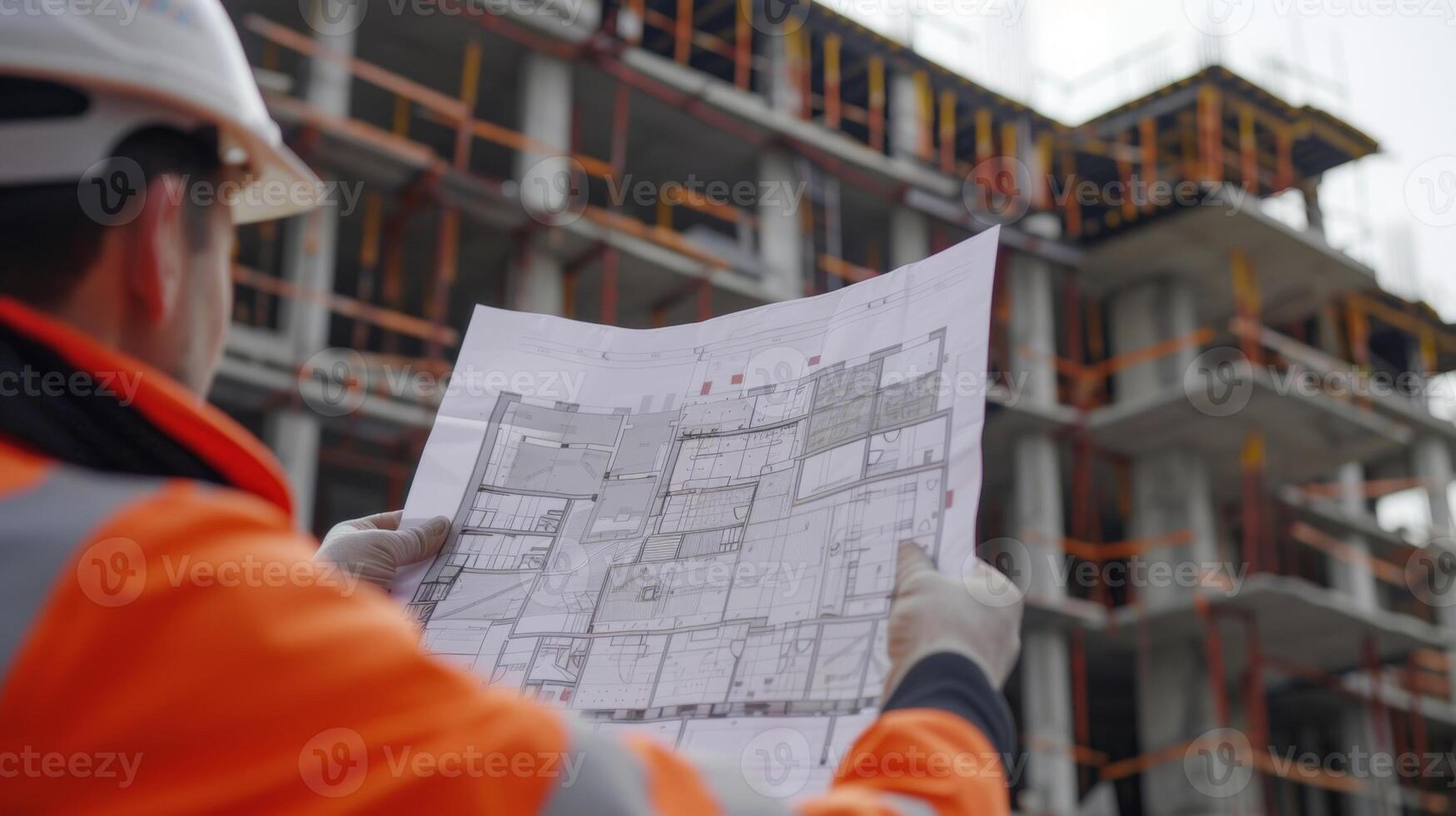 A construction worker holding up a blueprint of the site with the architectural model p next to it emphasizing the accuracy and attention to detail of the project photo