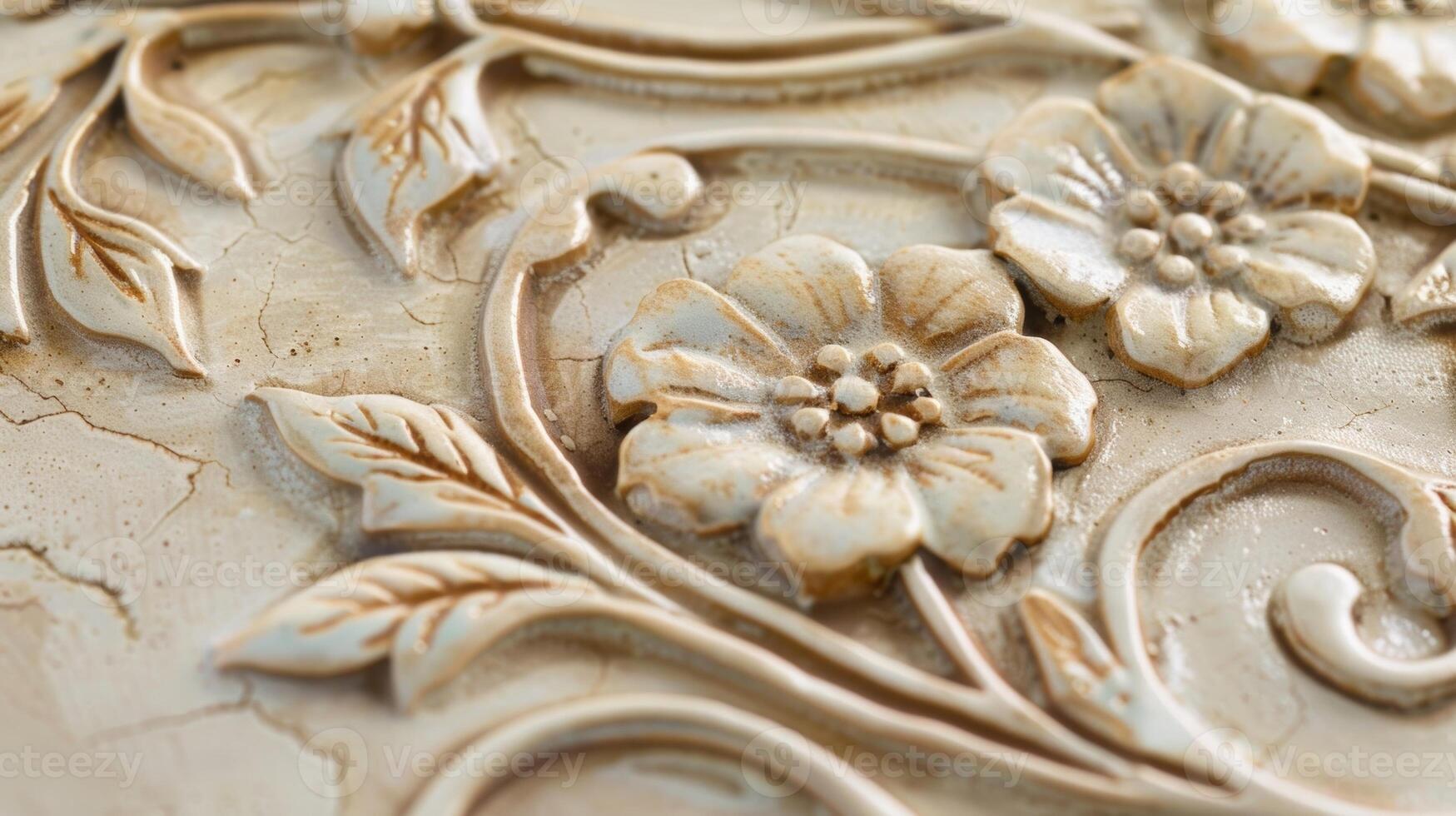 An upclose shot of a finished tile with intricate floral designs highlighting the level of skill and attention to detail required to create these delicate and beautiful pieces. photo