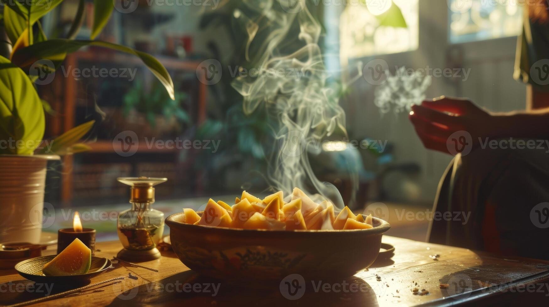 A peaceful meditation room filled with the soothing scent of incense and participants taking mindful bites of fresh fruit photo