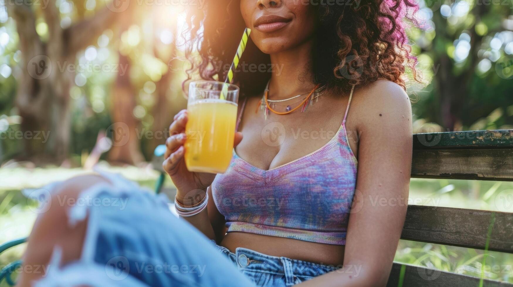 un mujer se sienta en un parque banco tomando sorbos de un vistoso y fragante Mocktail Entre cada mantra recitado durante un autodirigido meditación foto