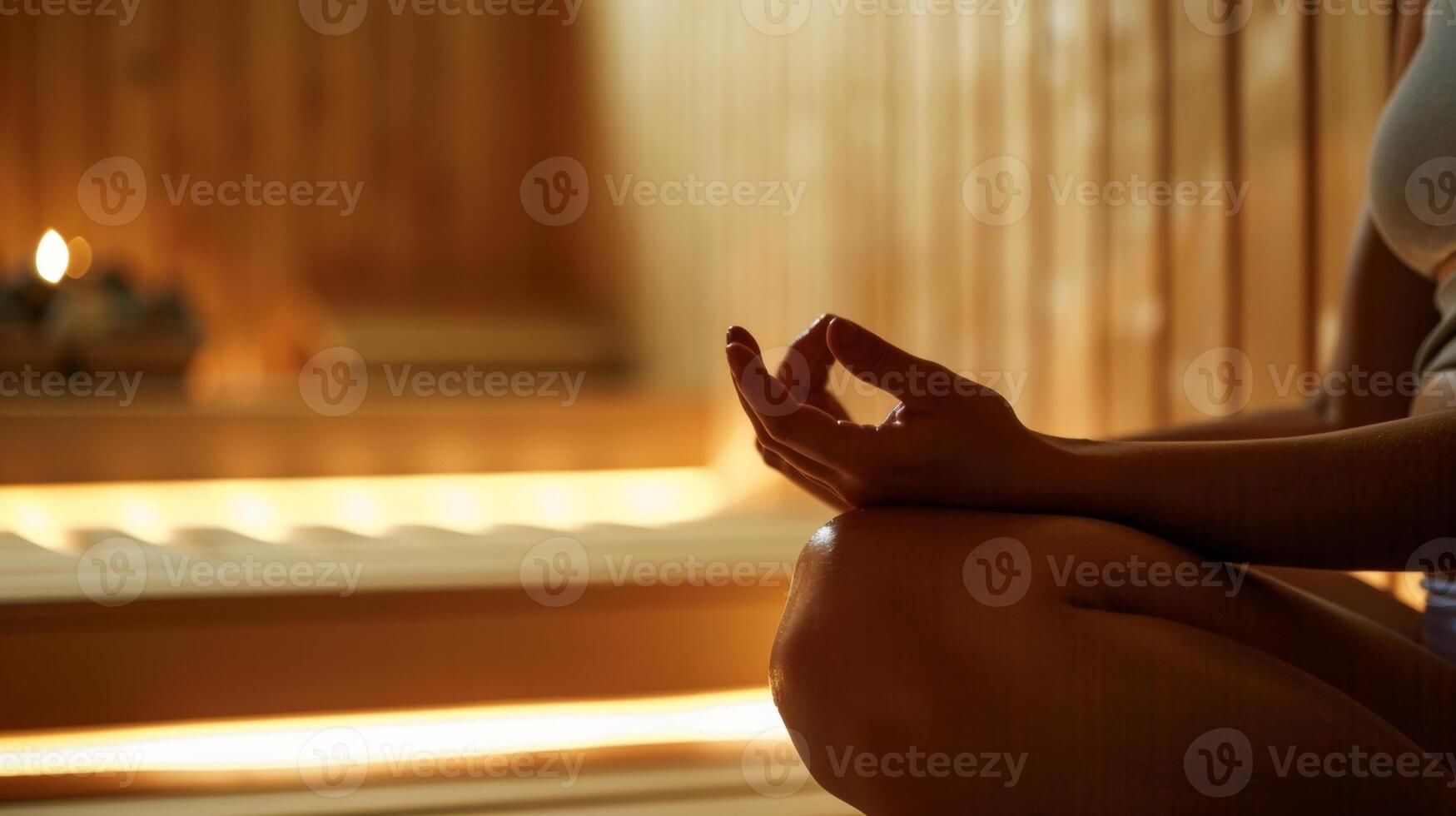 A person sitting in the sauna hands resting lightly on their stomach as they focus on their breath and let the heat envelop them guiding them to a state of complete mindfulness. photo