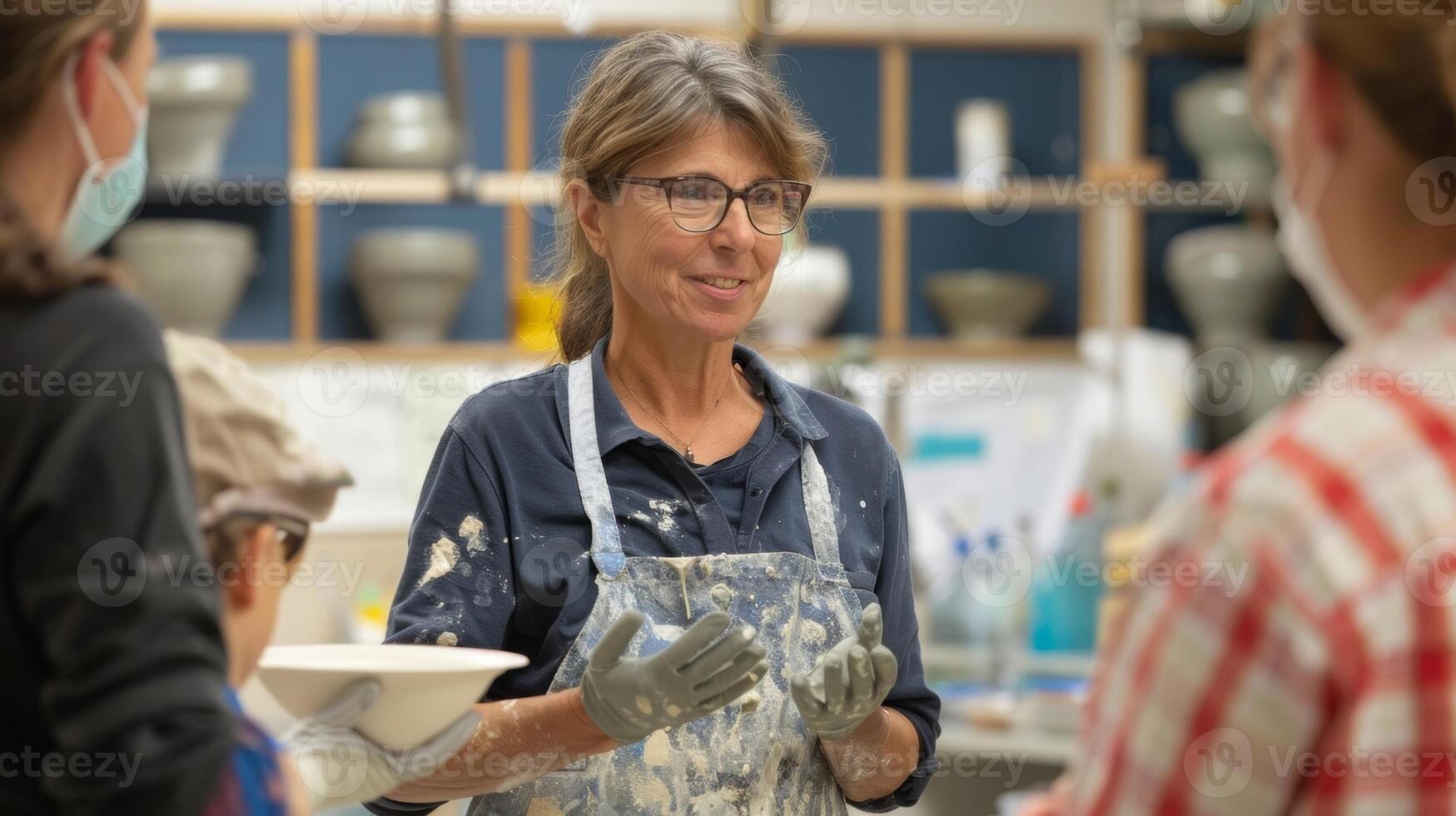 The teacher incorporates science into the lesson by explaining the chemical reactions that occur when glazes are fired in the kiln sparking curiosity and engagement from her students. photo