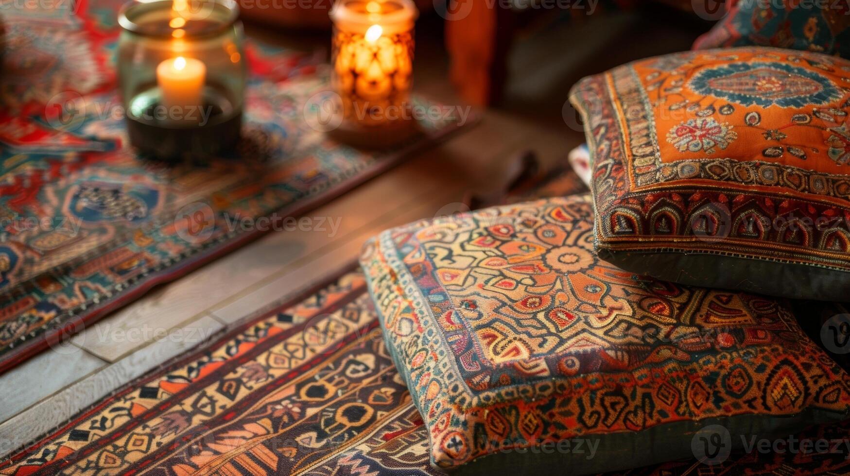 Plush floor cushions decorated with intricate patterns provide an inviting spot to relax and unwind in the candlelit space. 2d flat cartoon photo