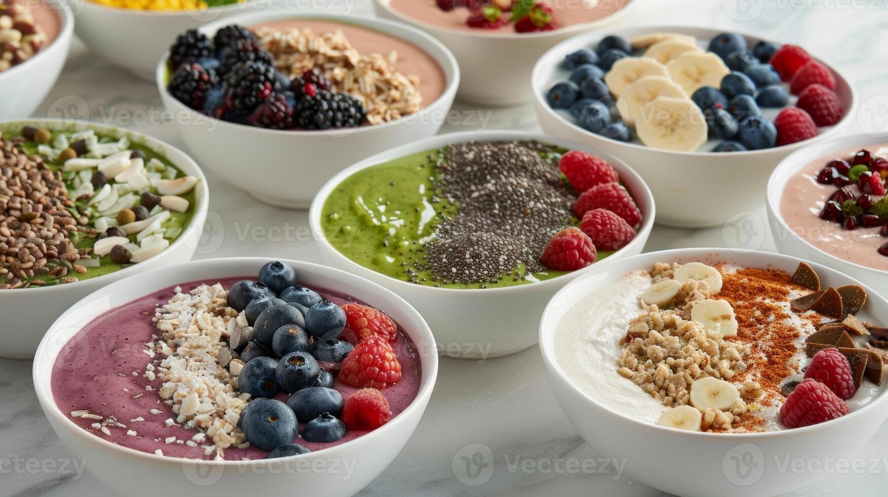 A variety of smoothie bowls topped with fresh berries nuts and superfood powders providing a nutritious and energizing start to the day photo