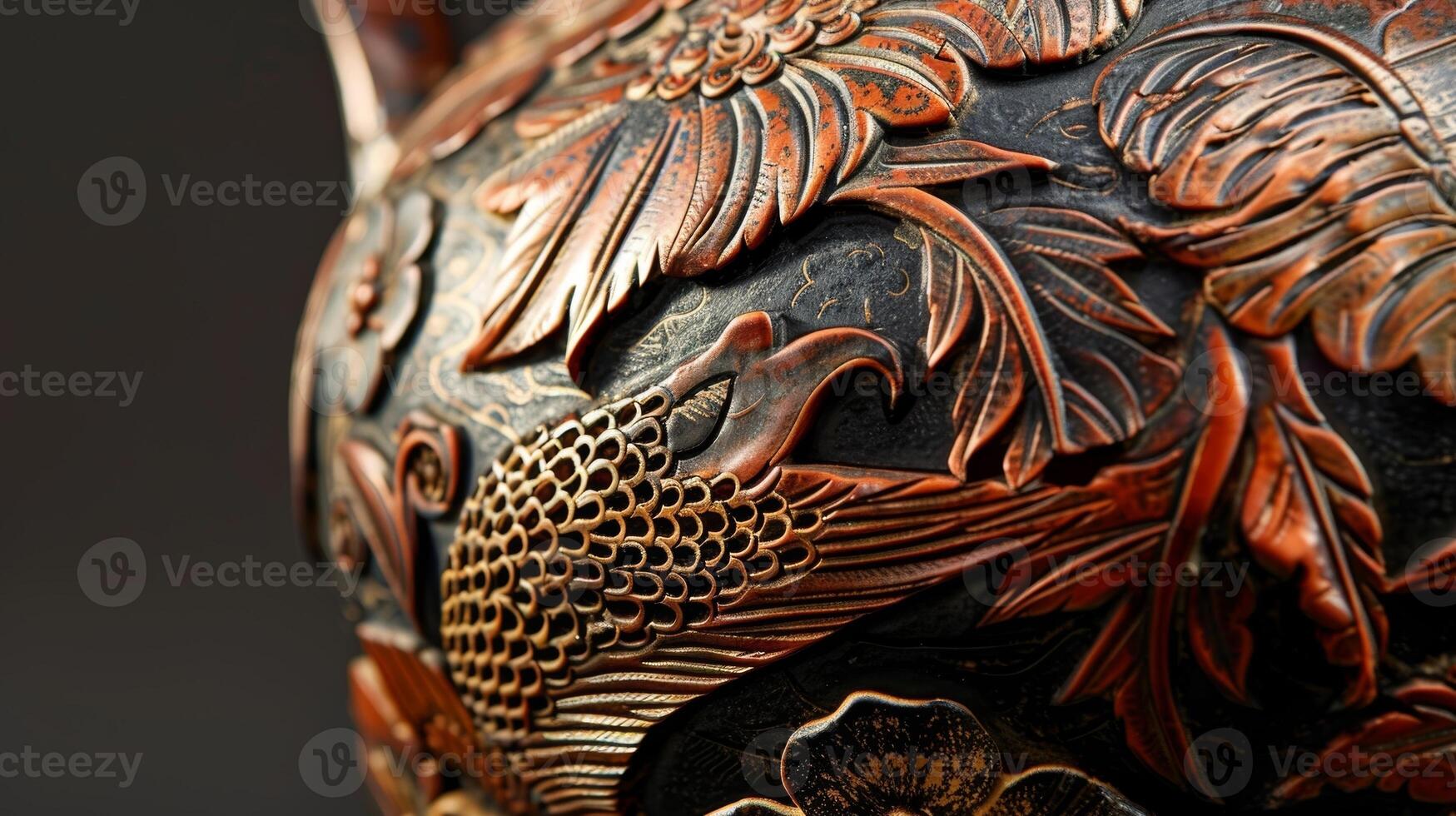 An intricately carved and painted pitcher featuring a combination of sgraffito and mishima techniques. photo