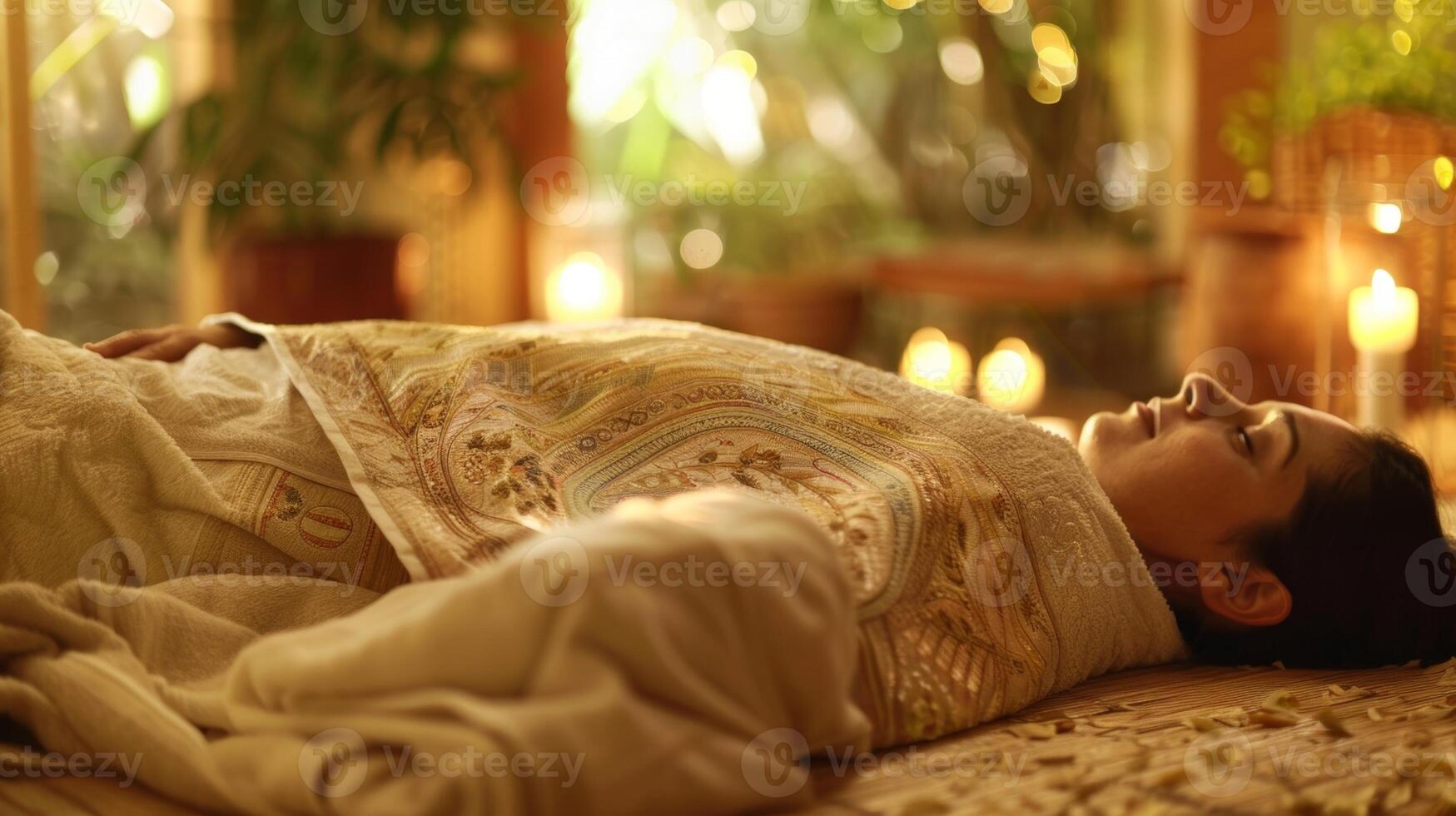 A person lying on a massage table completely covered in a warm herbal wrap while gentle music plays in the background. photo