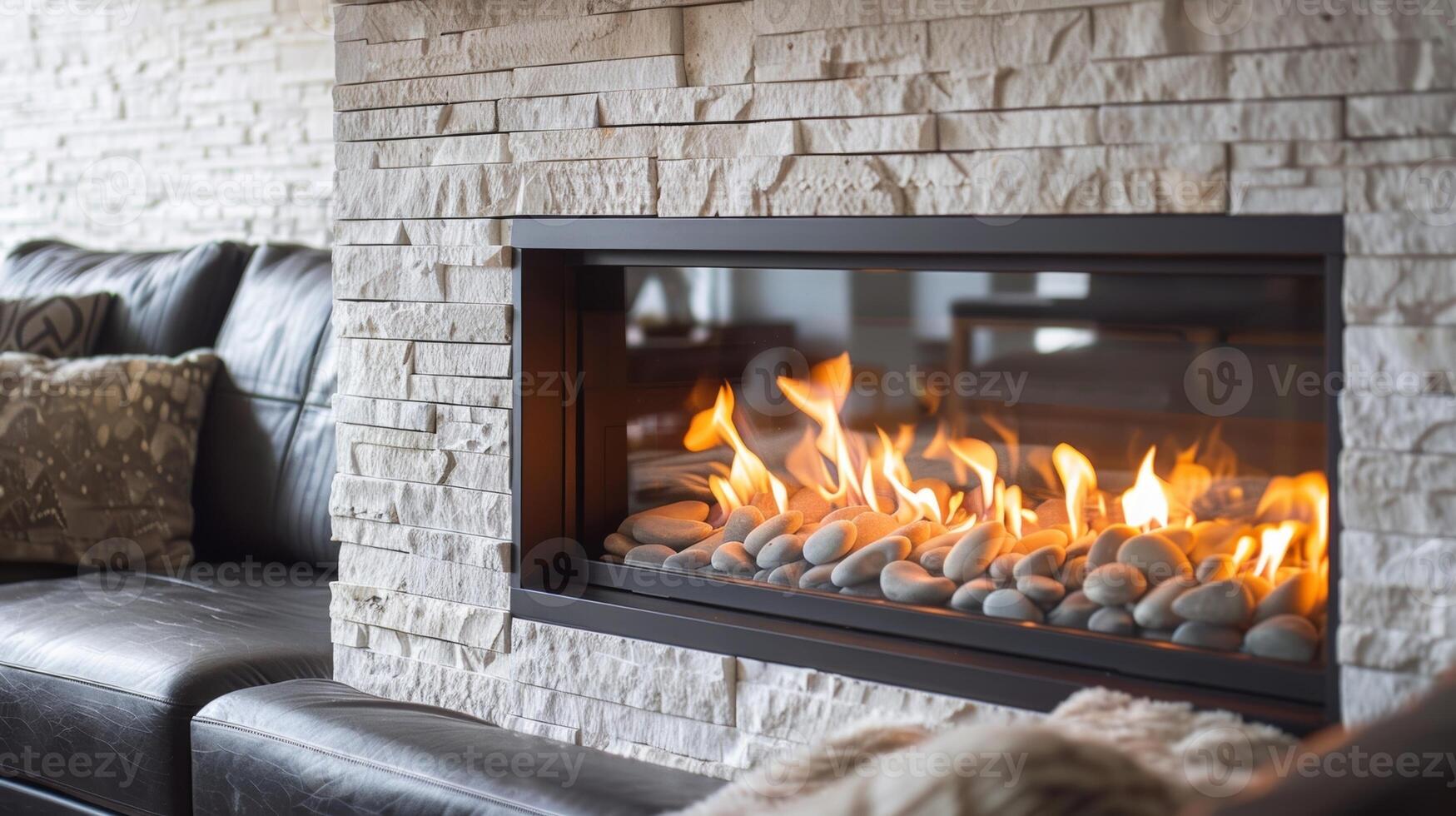 The warm inviting ambiance of the living room is enhanced by the modern fireplace its remotecontrolled flame dancing against the white brick surround. 2d flat cartoon photo