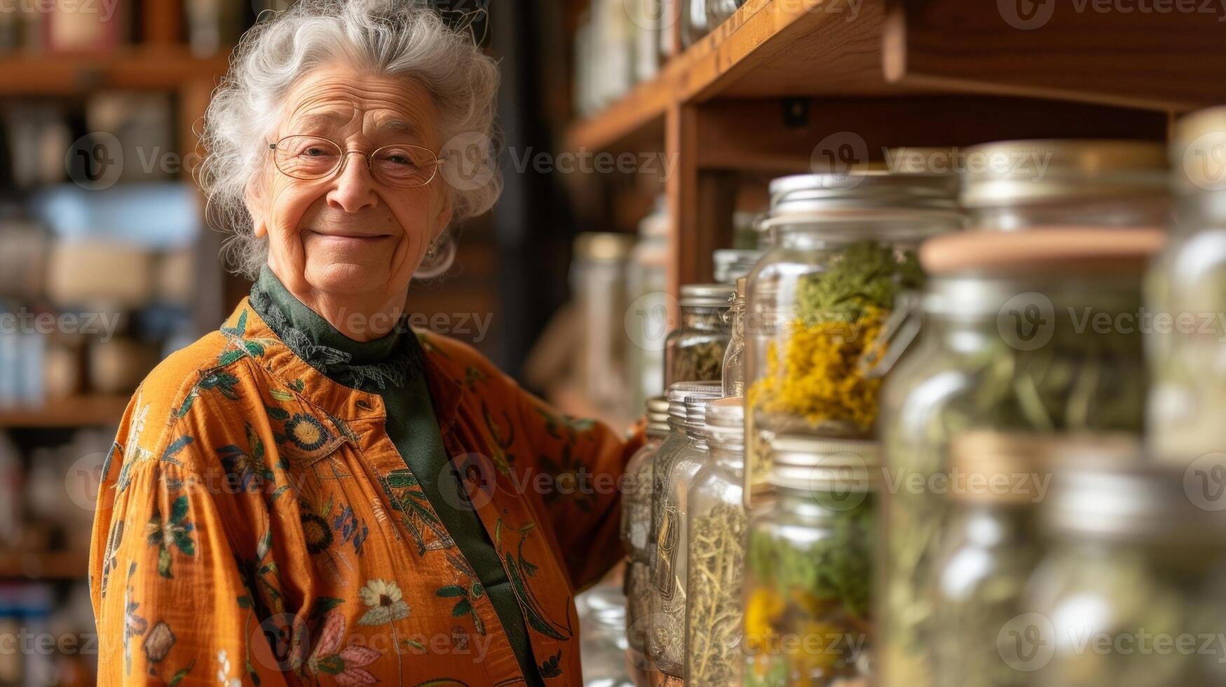 In her cozy retirement home a senior woman proudly displays her collection of handlabeled herbal tea jars each containing a unique blend of herbs that bring her joy and relaxation photo