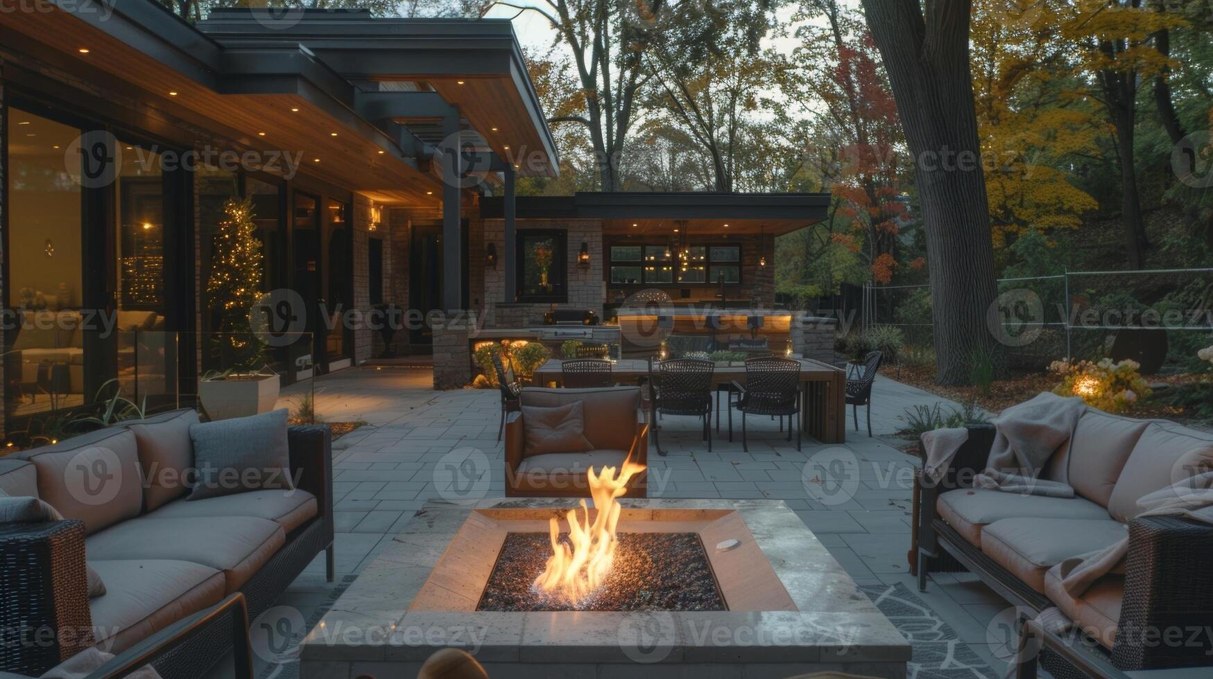 Flickering flames reflect off the surrounding furniture casting a warm and cozy light on the outdoor seating area. 2d flat cartoon photo