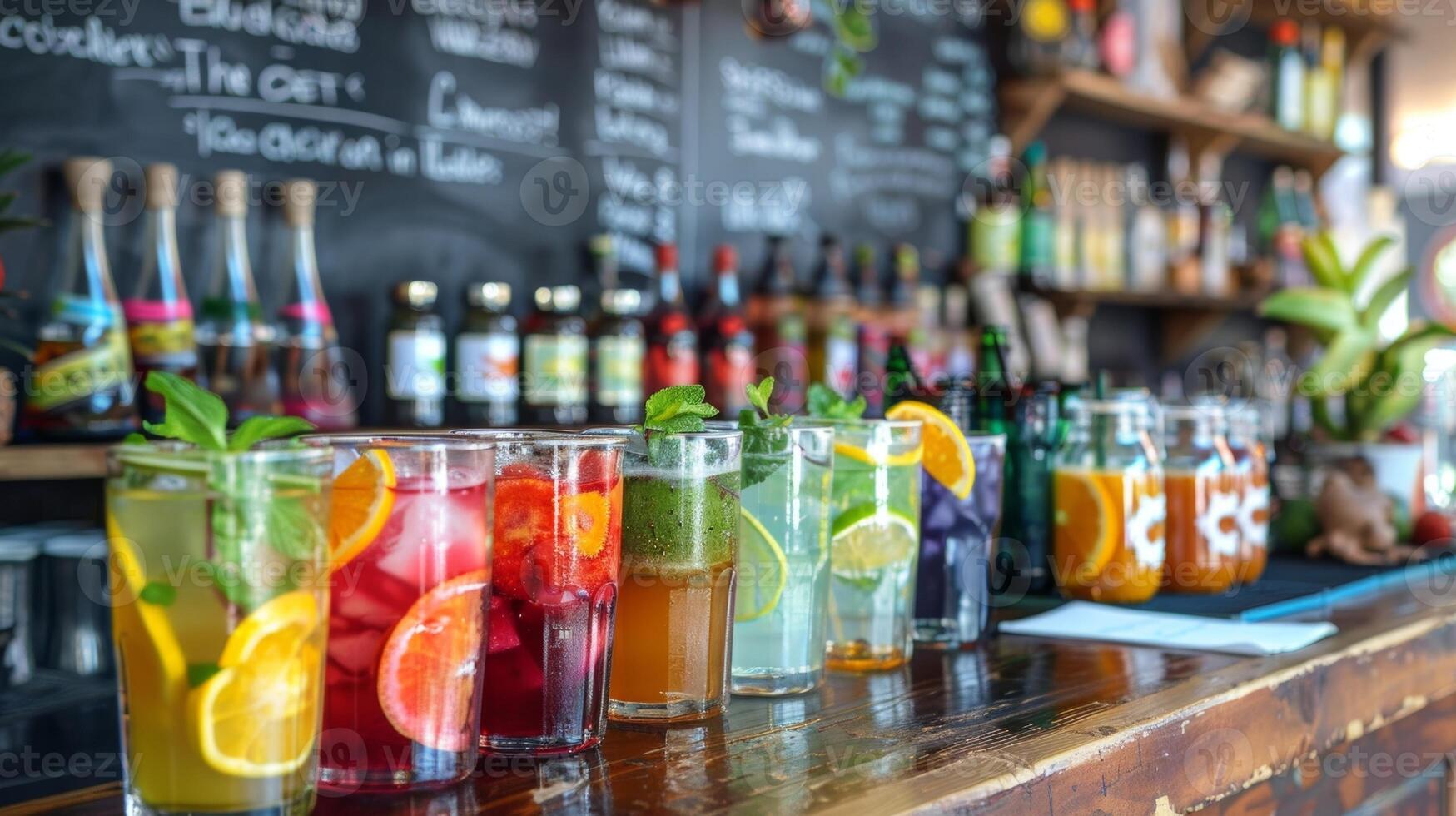 A colorful chalkboard sign listing the different types of energyboosting drinks offered at the event from matcha green tea to ginger shots photo