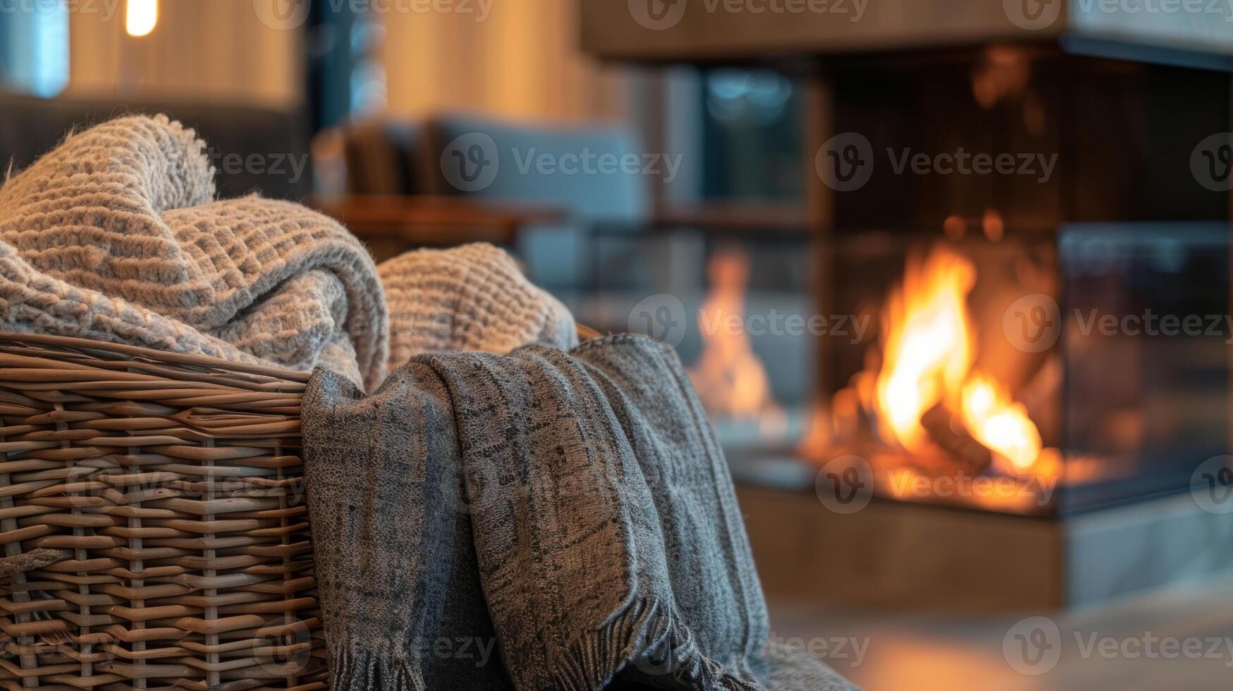 A basket of cozy blankets is p next to the fireplace inviting guests to curl up and relax in the inviting corner of the boutique hotel lobby. 2d flat cartoon photo