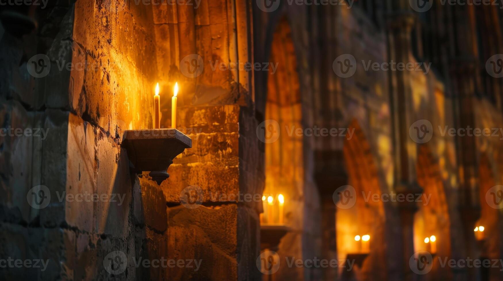The entrance of a Gothicstyle cathedral is illuminated by alcoves in the stone walls each holding a flickering candle to guide worshippers into the depths of the church. 2d flat cartoon photo