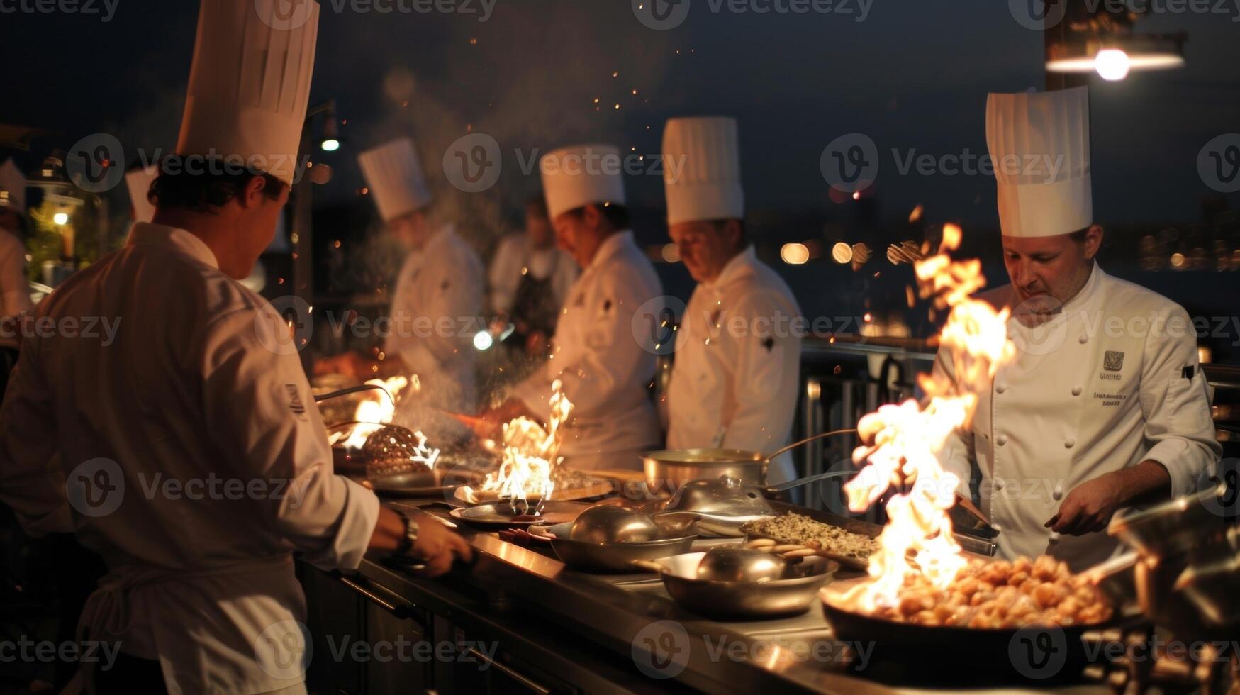 The rooftop was a sea of movement and fire as the chefs gracefully danced between their kitchen stations their faces illuminated by the soft candlelight. 2d flat cartoon photo