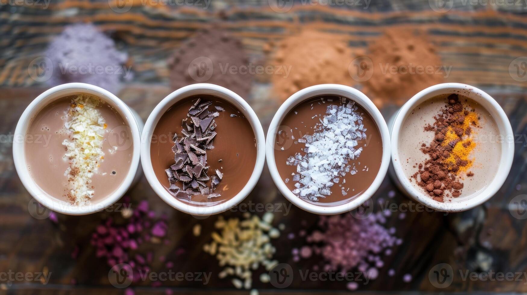 A selection of gourmet hot chocolate blends featuring unique flavors like lavender chili pepper and sea salt caramel for the adventurous taste buds photo