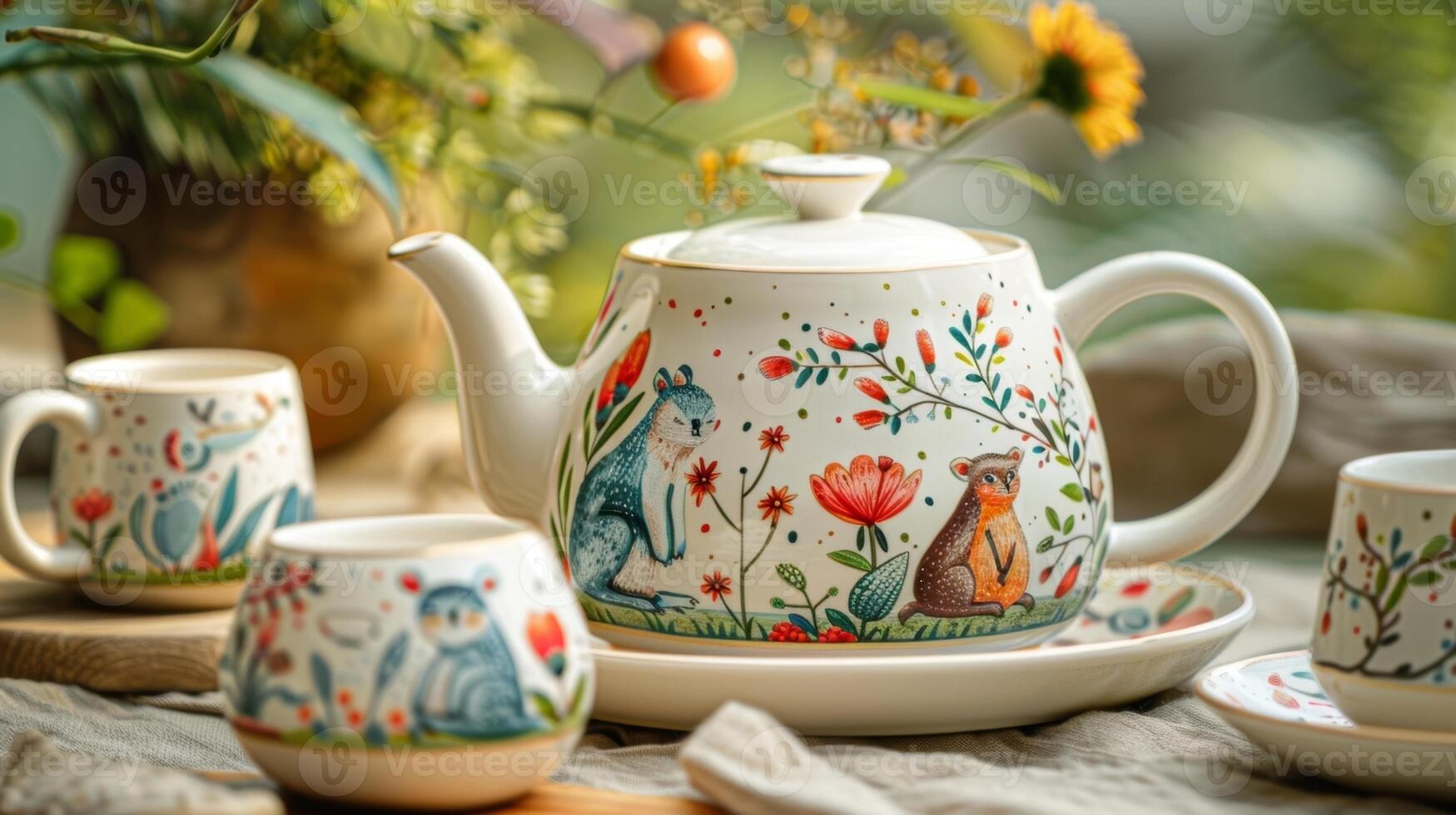A whimsical tea set with a handpainted woodland design featuring e animals and colorful plants on a creamcolored background. photo