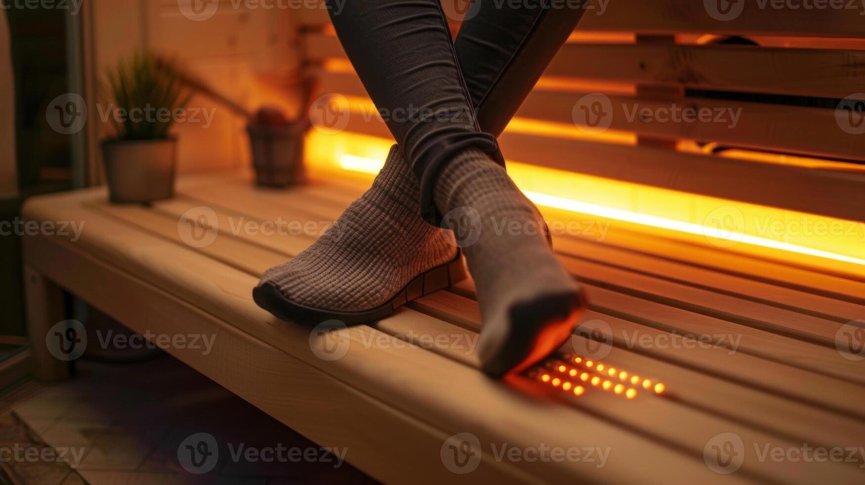 A person using the saunas foot heater while sitting on the bench. The caption mentions the added comfort and relaxation of a foot heater during a sauna session. photo