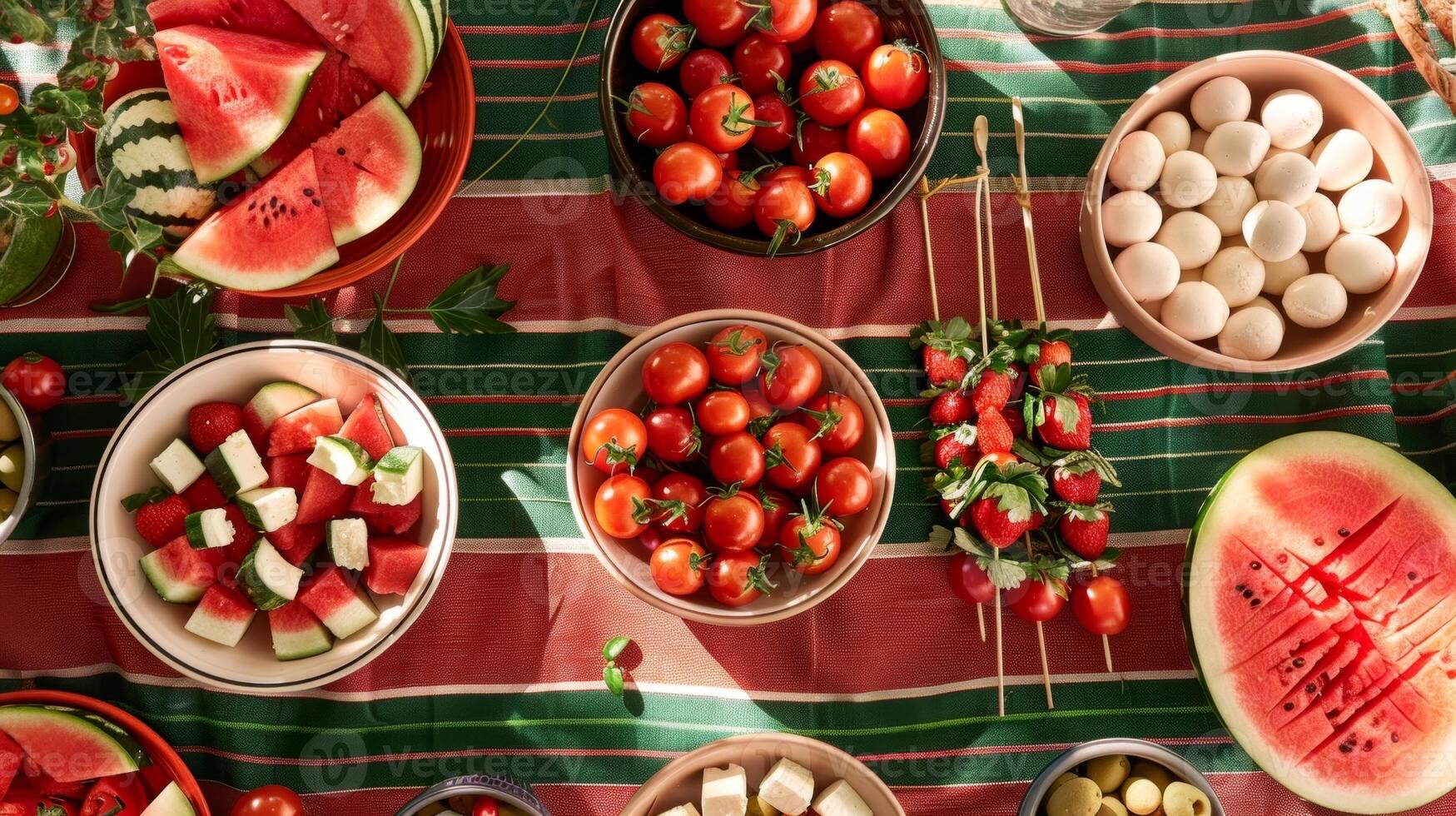 A table covered in red and green striped tablecloth adorned with bowls of watermelon balls and skewers of watermelon and feta cheese photo