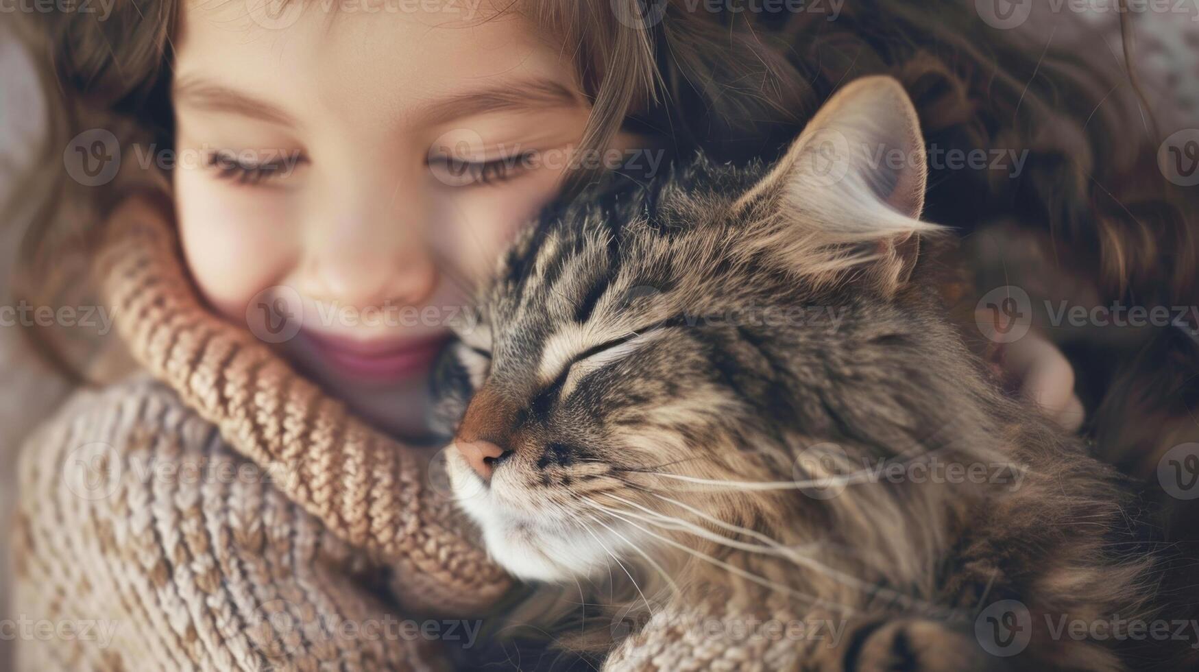 A child giggling as they hug a fluffy cat tightly their eyes closed and a smile on their face photo