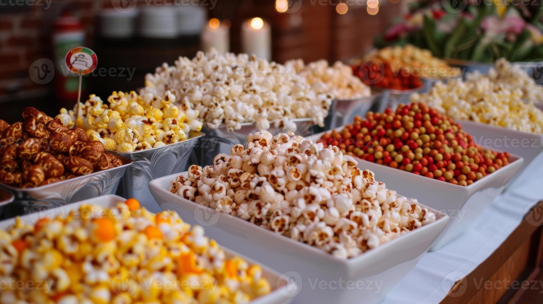 A table set up with different popcorn flavor stations each featuring a different theme like sweet and y cheesy and exotic photo