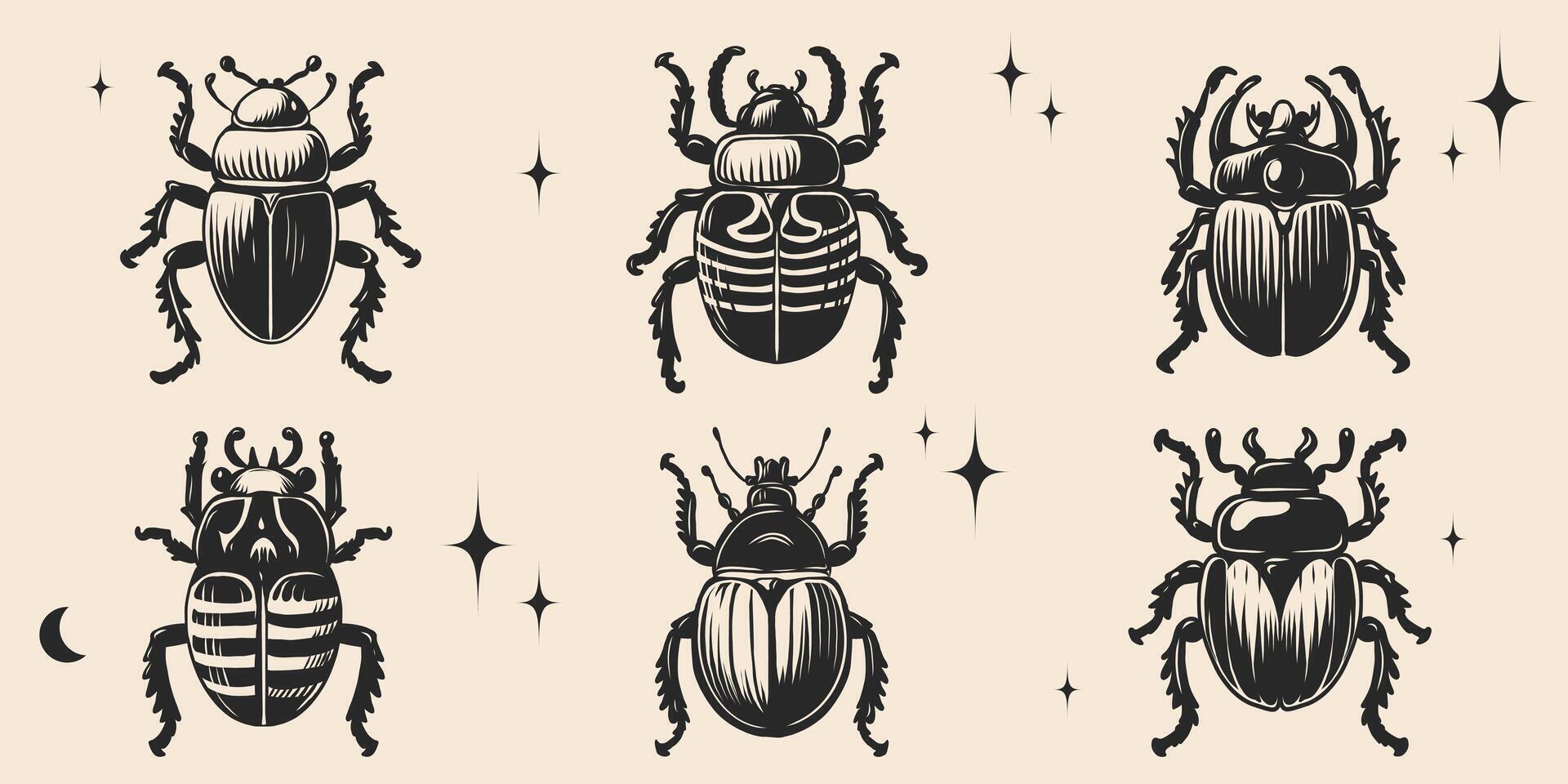 Hand drawn beetles and bugs set. Vintage y2k tattoo ink style, realistic engraving. Decorative insect graphic Isolated on background for print, tattoo, poster, card. Monochrome vector