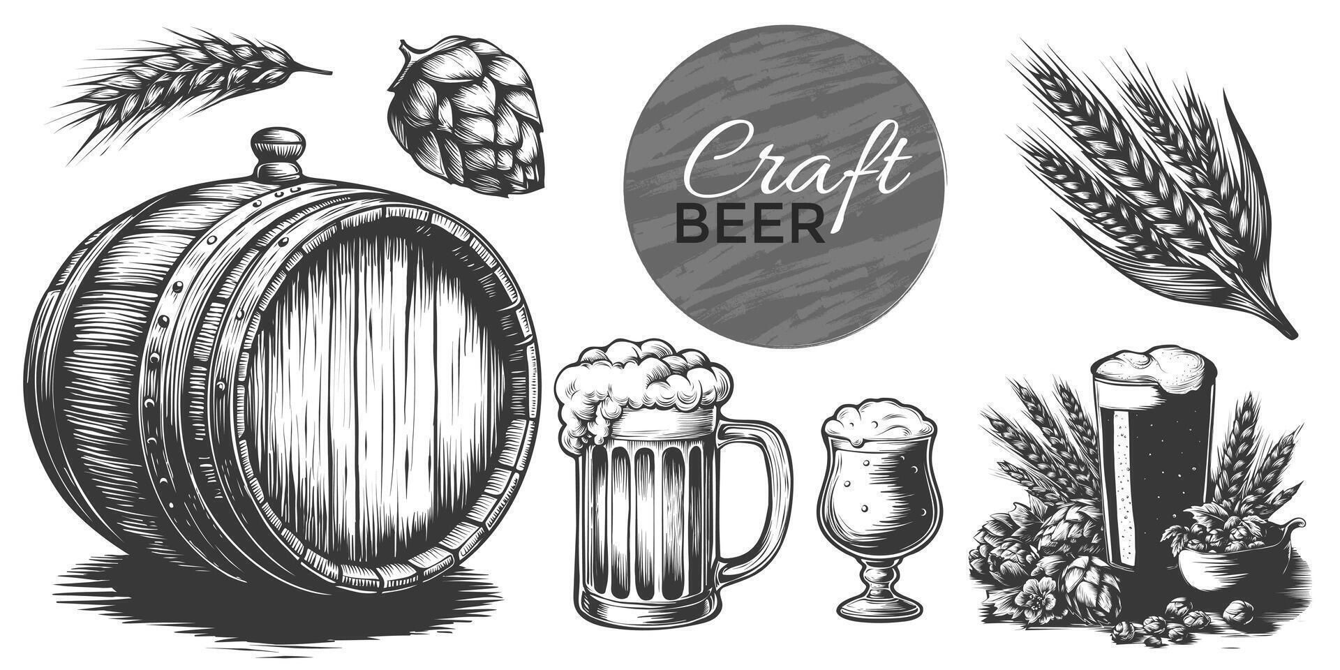 Beer object set in vintage engraved woodcut sketch style. Beer glasses and mug, hops, malt, wooden barrel. illustration Isolated on white background. Beer elements for menu, pub, windows design vector