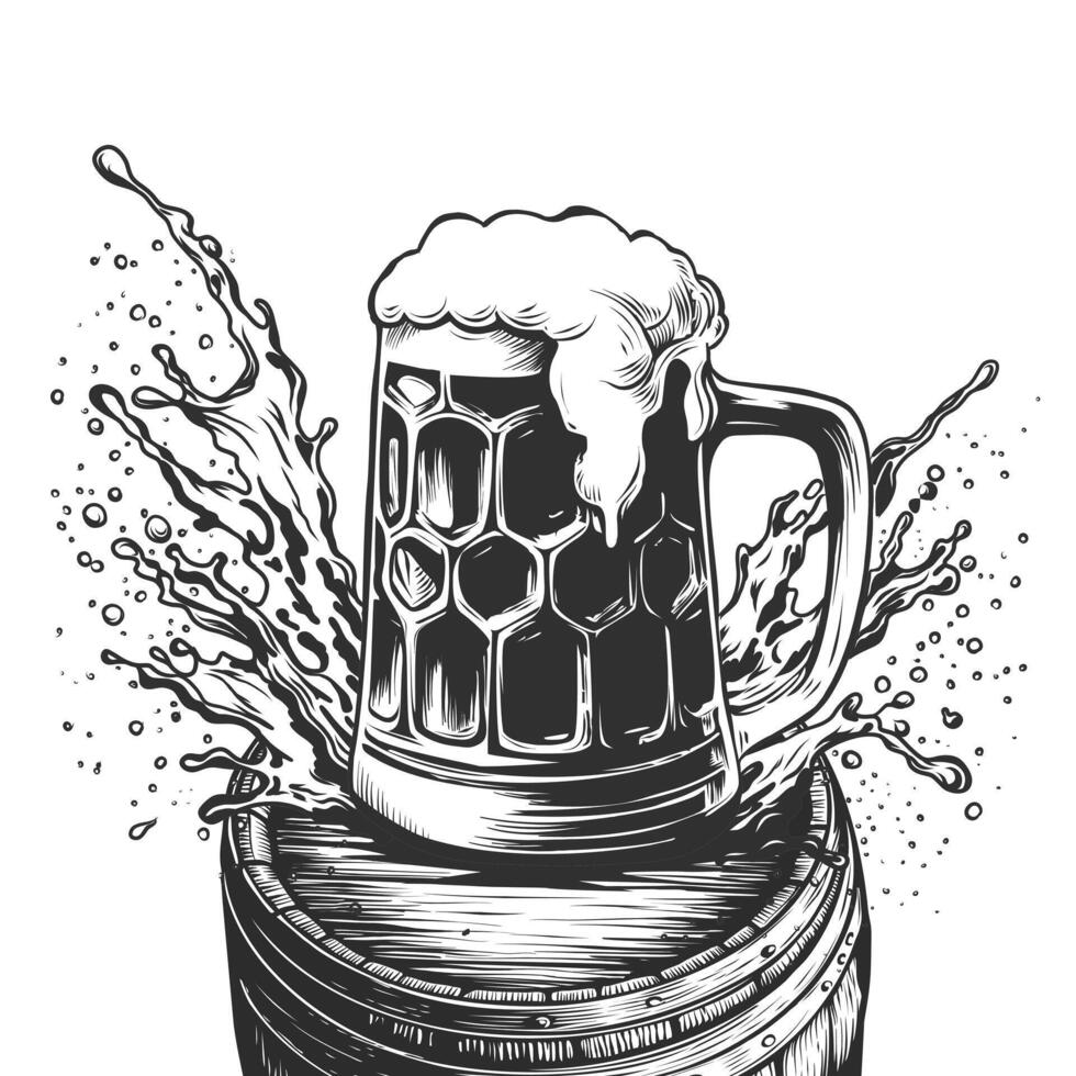 Beer mug with splash of foam on wooden barrel. Hand drawn ink sketch with frothy alcoholic drink for design menu pub, bars, poster for Oktoberfest, brewery. engraving vector