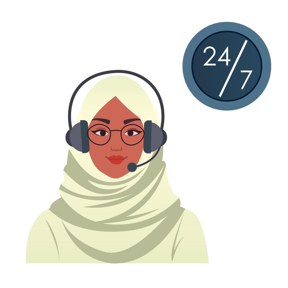 Hotline Call center operator. Portrait of Saudi woman at customer support department. Office worker in headsets. Female assistant online help, advises customers, feedback concept. vector