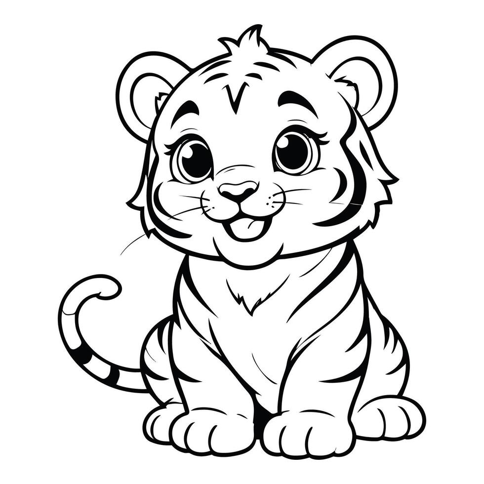 Hand sketch of happy baby tiger line art illustration vector