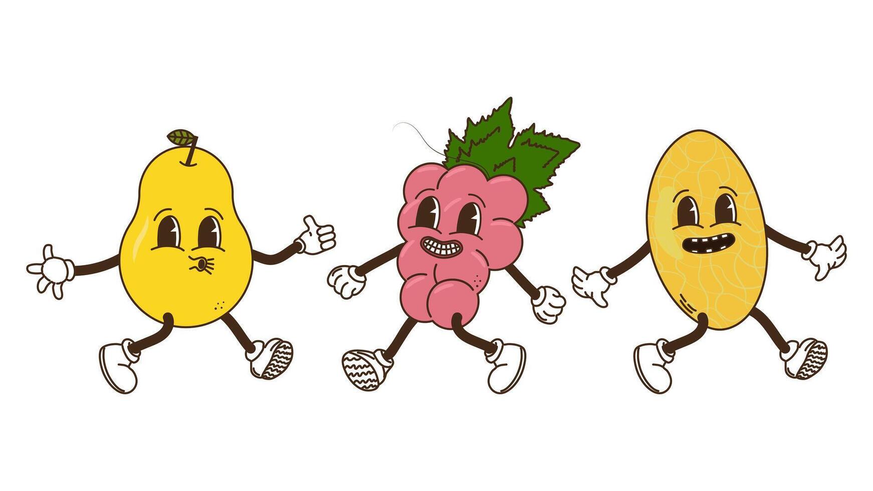 Fruits and berries in groovy style set. Pear melon and grapes. Characters trendy retro, comic mascot. Design banner poster. Y2k Hippie 70s, 80s. illustration. vector