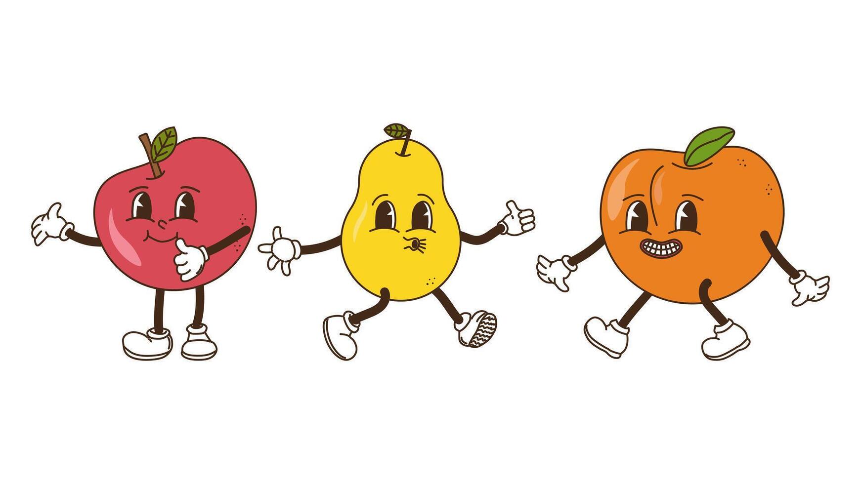 frutas y bayas en maravilloso estilo colocar. manzana Pera y naranja. caracteres de moda retro, cómic mascota. diseño bandera póster. y2k hippie años 70, años 80 ilustración. vector