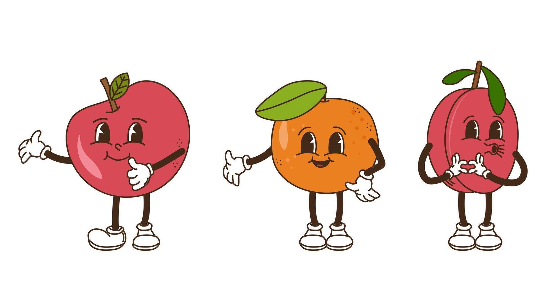 Fruits and berries in groovy style set. Apple tangerine and plum. Characters trendy retro, comic mascot. Design banner poster. Y2k Hippie 70s, 80s. illustration. vector