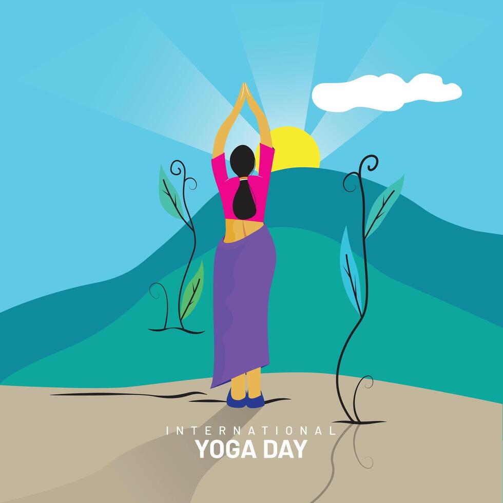 International Yoga Day banner with a lady doing meditation posture for calmness vector