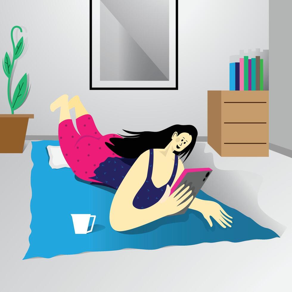 Female freelancer working from home with mobile. browsing the Internet using a tab, or laptop, and lying on the floor, the technology concept vector
