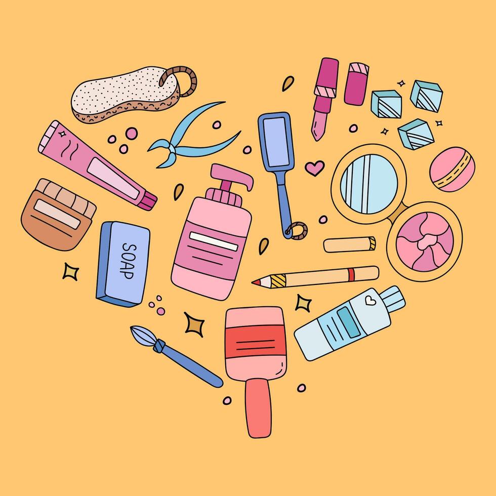 Big colorful doodle set with products for body, skin, hair, health, nail care, cosmetic for makeup. in the shape of heart Cute hand drawn clipart with bottles, jars for beauty procedures, cosmetics. vector