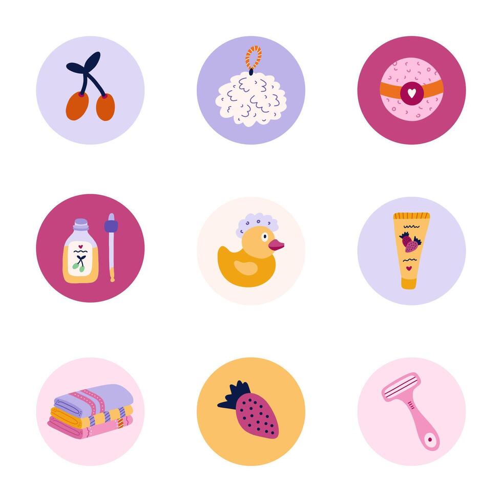 Cute and funny round highlights for social media, blogs, business, branding with spa, hygiene and bathe illustrations. Cover icons for stories with cosmetic products, washing items clipart. vector