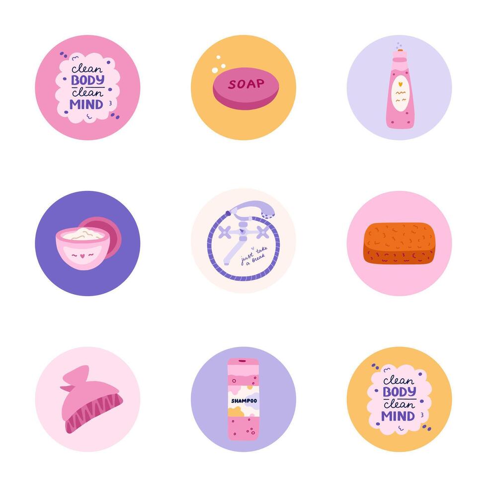 Cute and funny round highlights for social media, blogs, business, branding with spa, hygiene and bathe illustrations. Cover icons for stories with cosmetic products, washing items clipart. vector