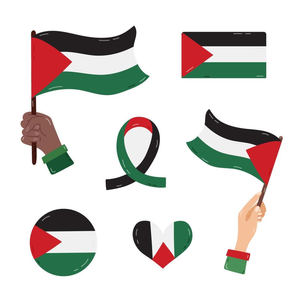 Palestine and Gaza flag set with hand drawn illustrations. Hand holding flag, flag in the shape of ribbon, heart, circle. Free Palestine and Save Gaza concept collection for poster, banner, flyer vector