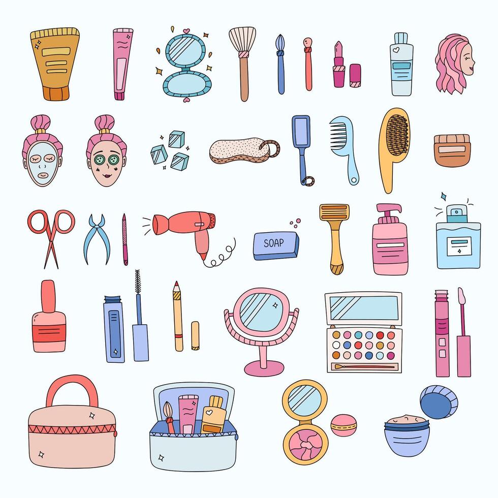 Big colorful doodle set with products for body, skin, hair, health, nail care and cosmetic for makeup. Cute cliparts with bottles and jars for beauty procedures, cosmetics with hand drawn outline. vector