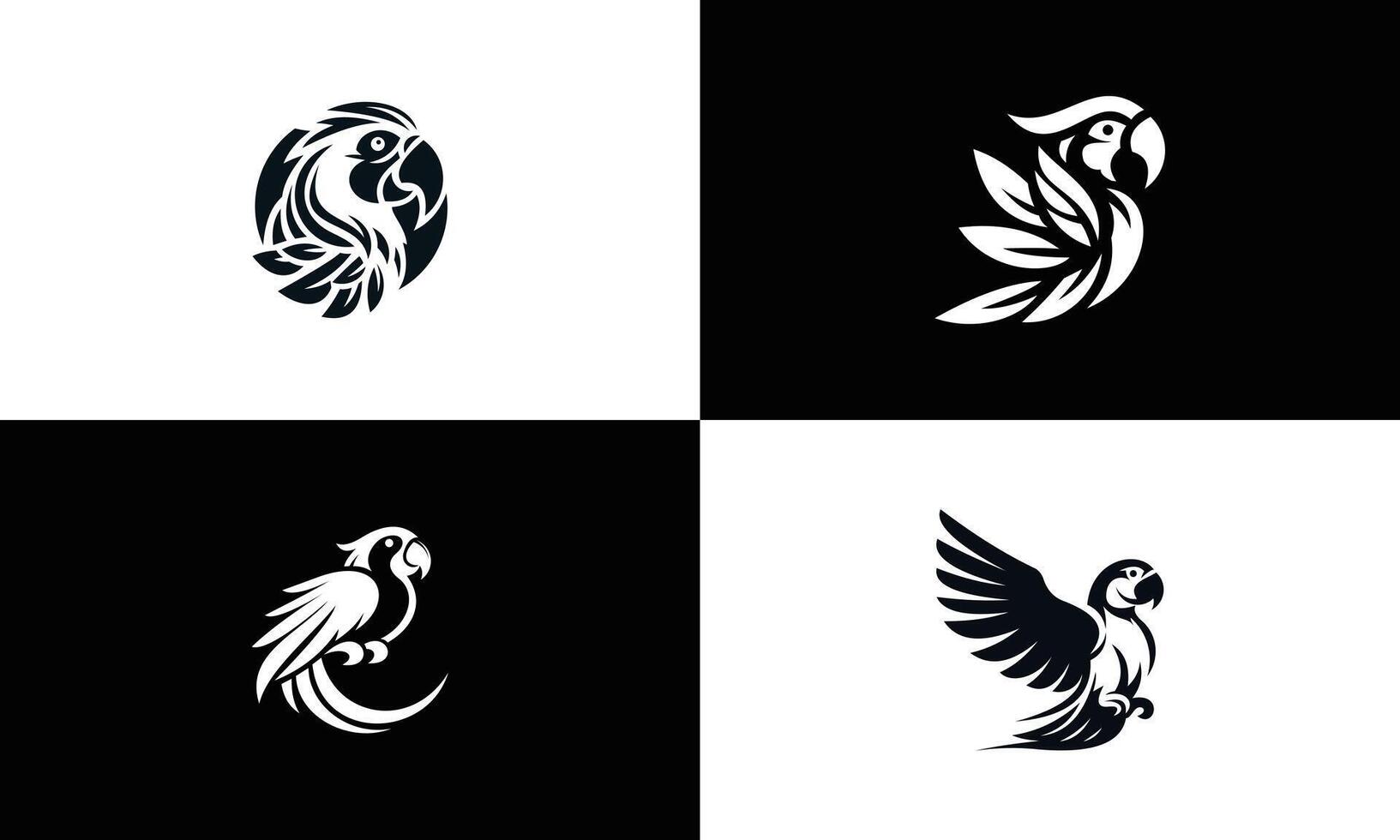 loro o guacamayo negro y blanco conjunto de logotipos, cuatro logo ilustraciones de un exótico pájaro vector