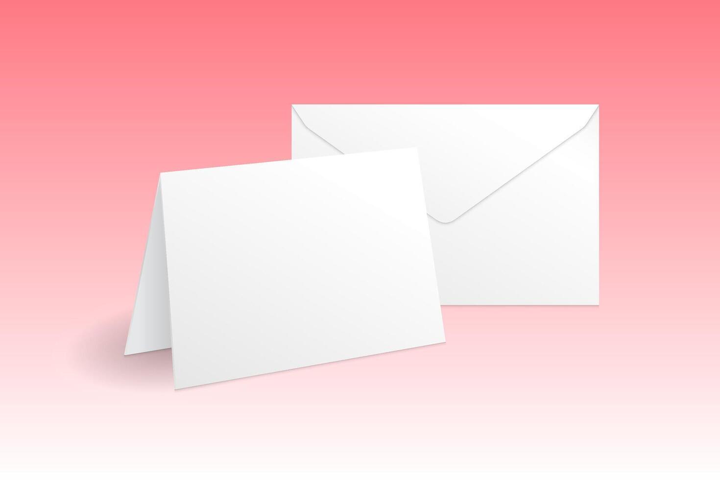 White standing greeting card and envelope mockup template. Isolated on gradient pink background with shadow. vector