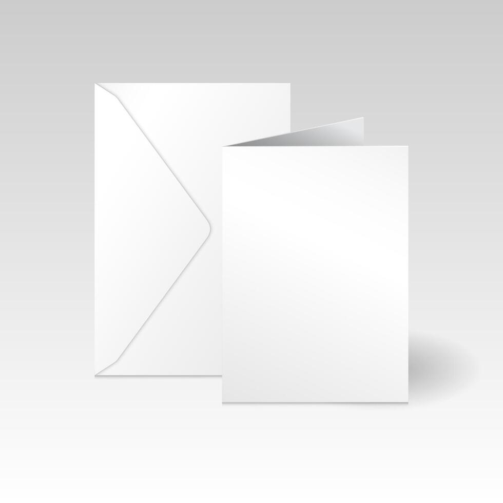 White vertical greeting card and envelope mockup template. Isolated on light gradient gray background with shadow. vector