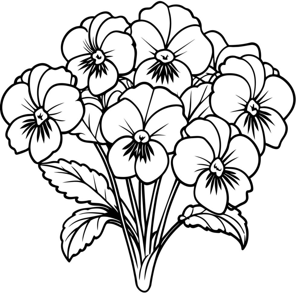 Pansy flower outline illustration coloring book page design, Pansy flower Bouquet black and white line art drawing coloring book pages for children and adults vector